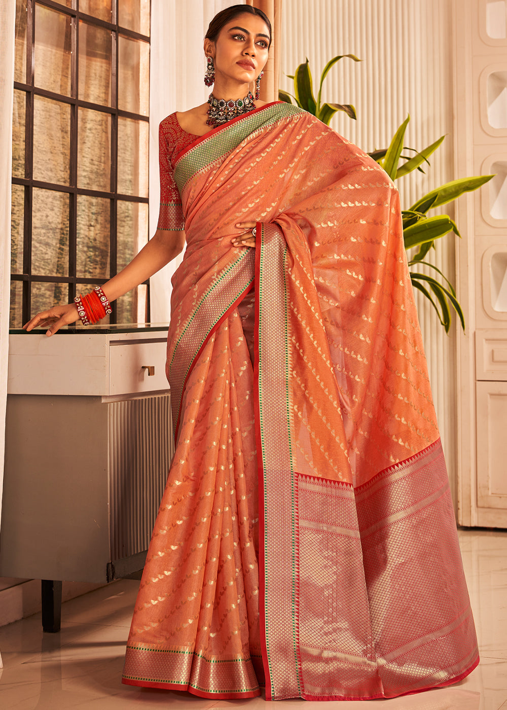 Buy MySilkLove Burnt Sienna Orange Woven Banarasi Silk Sare Online