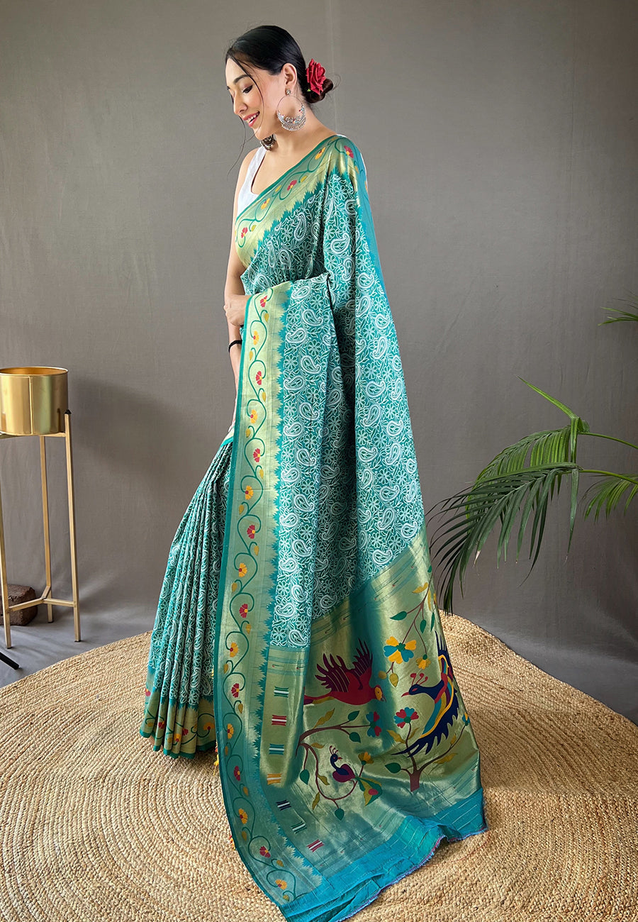 Buy MySilkLove Sinbad Blue Lucknowi Paithani Silk Saree Online