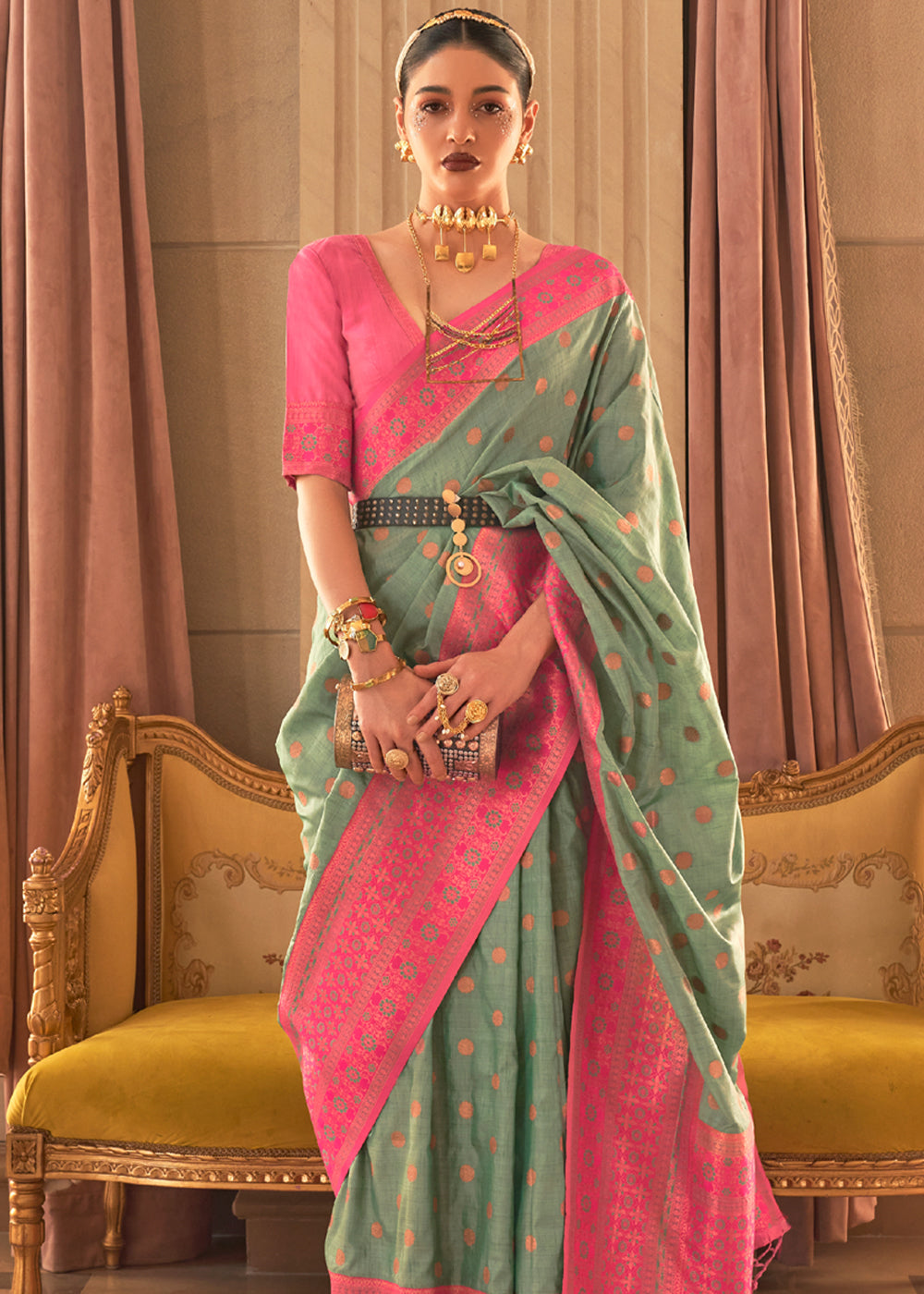 Buy MySilkLove Tallow Green and Pink Bronze Zari Woven Soft Silk Sarees Online