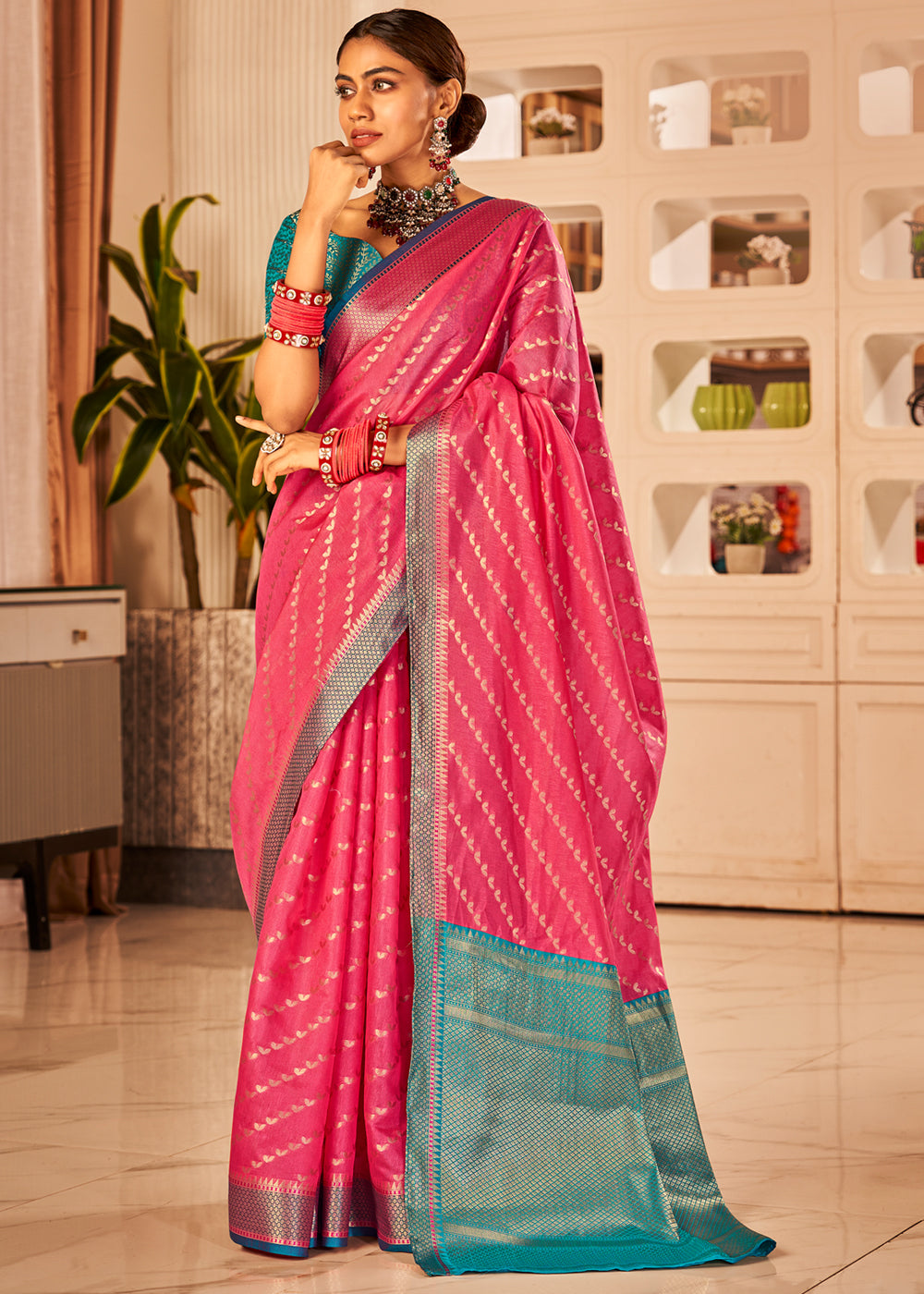 Buy MySilkLove Lotus Pink and Green Woven Banarasi Silk Saree Online