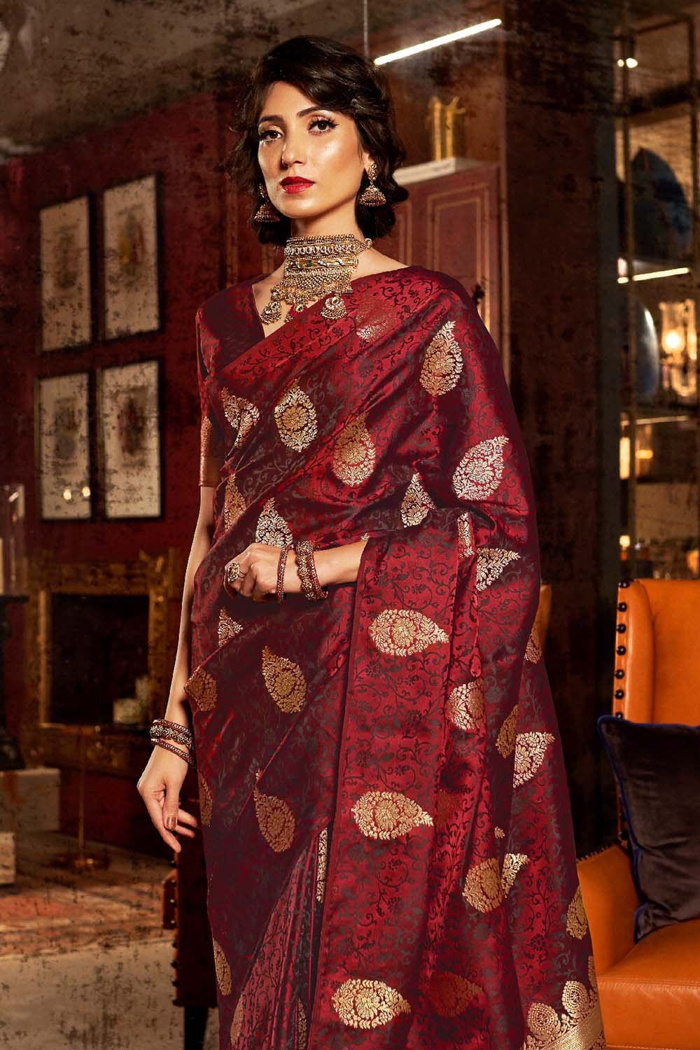 Buy MySilkLove Brick Brown Zari Woven Banarasi Saree Online