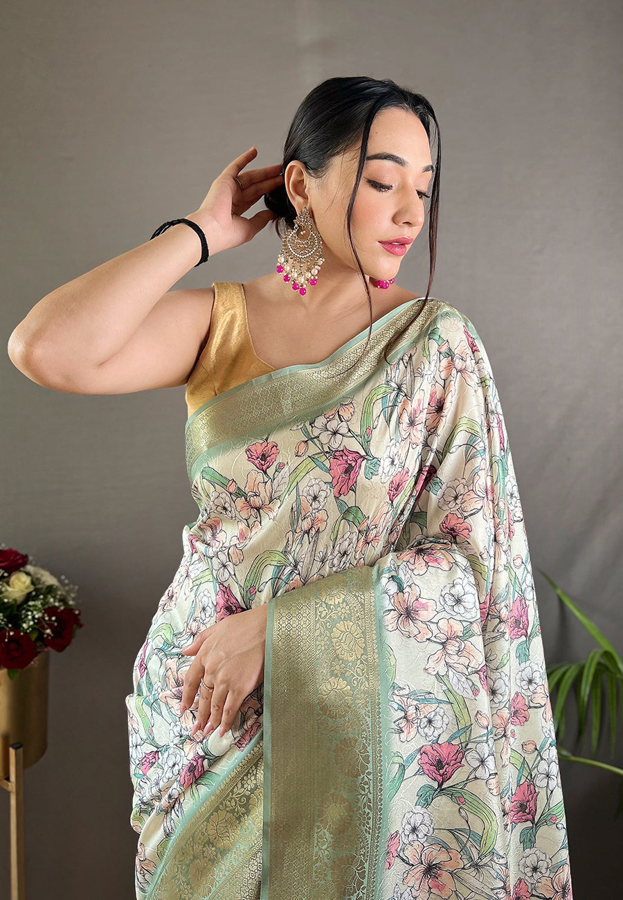 Buy MySilkLove Tallow Green Kalamkari Floral Printed Saree Online