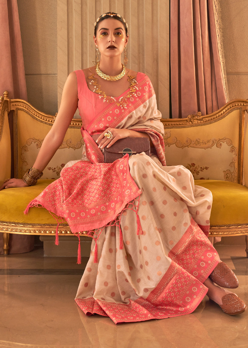 Buy MySilkLove Beige Cream and Pink Bronze Zari Woven Soft Silk Sarees Online