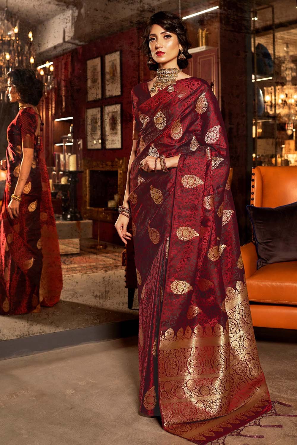 Buy MySilkLove Brick Brown Zari Woven Banarasi Saree Online