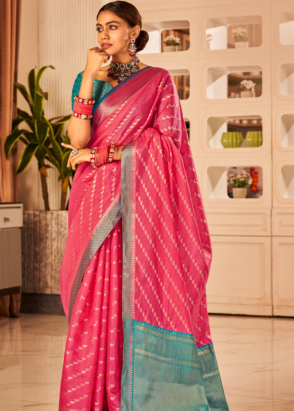 Buy MySilkLove Lotus Pink and Green Woven Banarasi Silk Saree Online