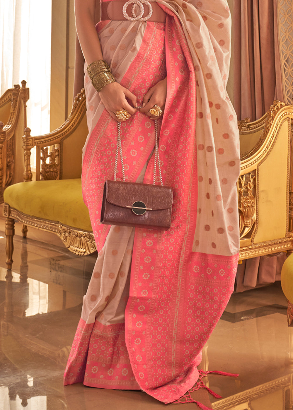 Buy MySilkLove Beige Cream and Pink Bronze Zari Woven Soft Silk Sarees Online