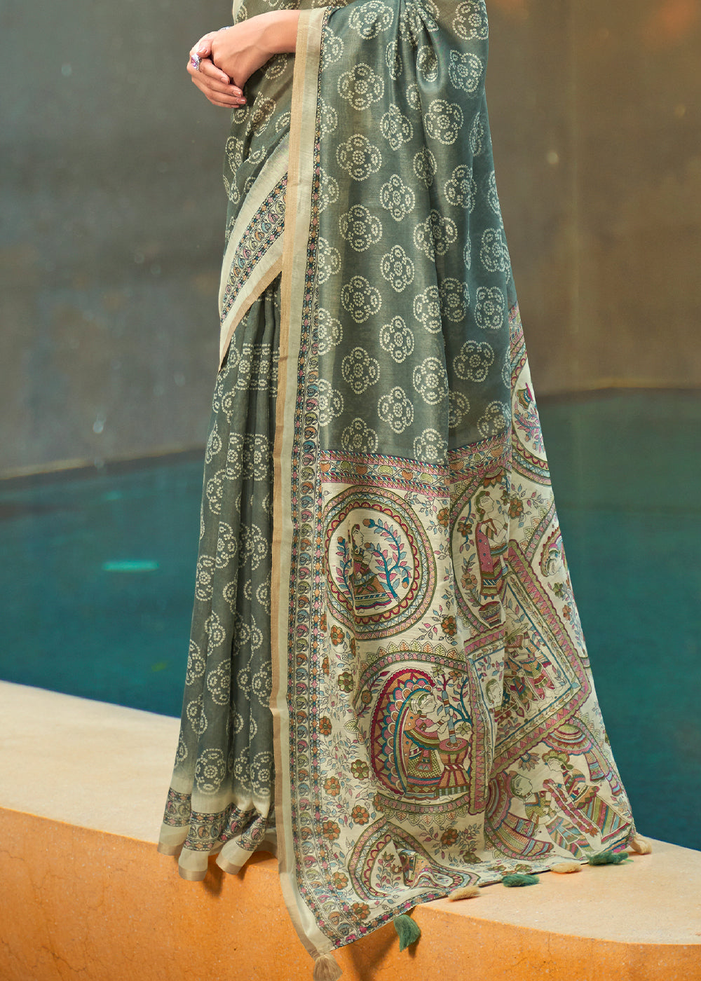 Buy MySilkLove Swamp Green Floral Printed Cotton Saree Online