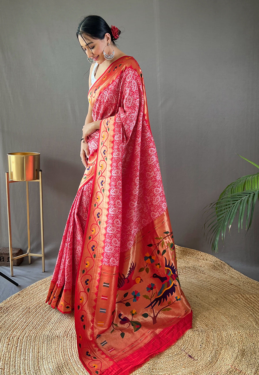 Buy MySilkLove Cardinal Pink Lucknowi Paithani Silk Saree Online