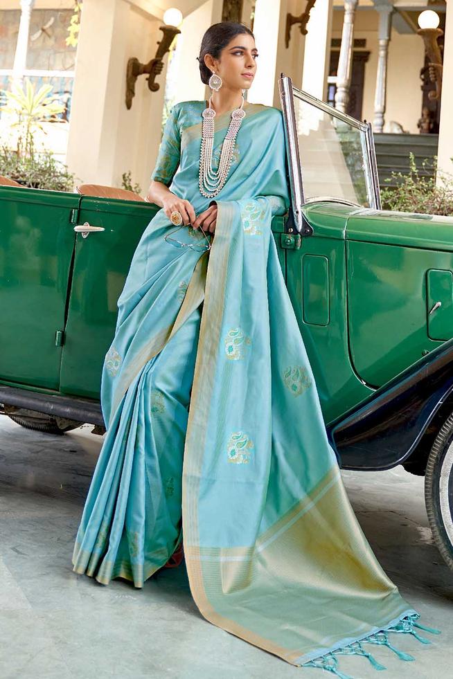 Buy MySilkLove Breaker Bay Blue Zari Woven Chanderi Banarasi Saree Online