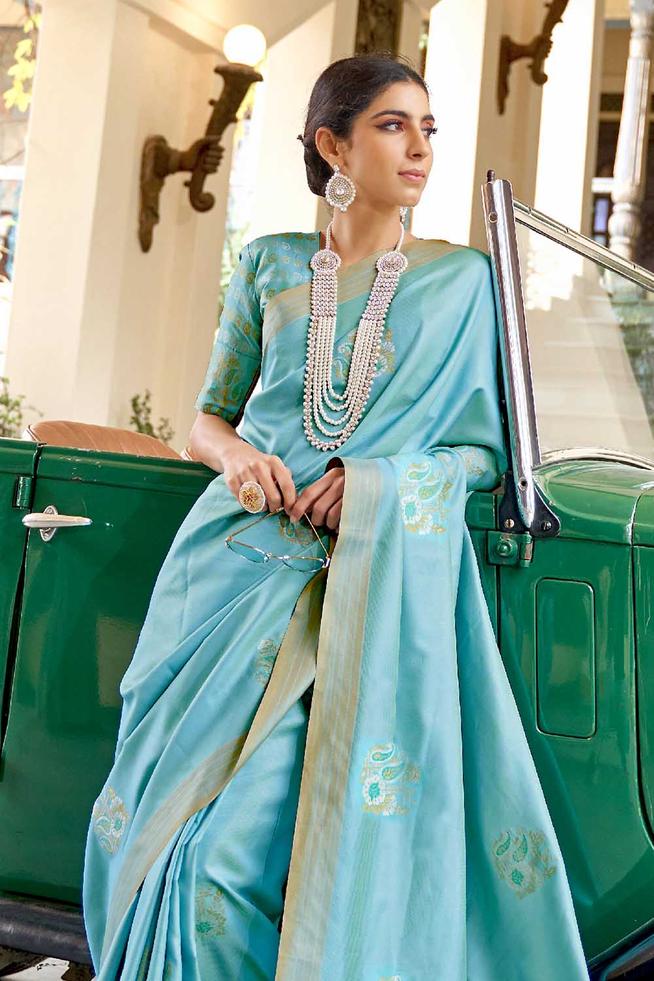 Buy MySilkLove Breaker Bay Blue Zari Woven Chanderi Banarasi Saree Online