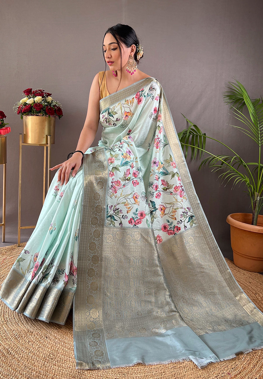 Buy MySilkLove Conch Blue Kalamkari Floral Printed Saree Online