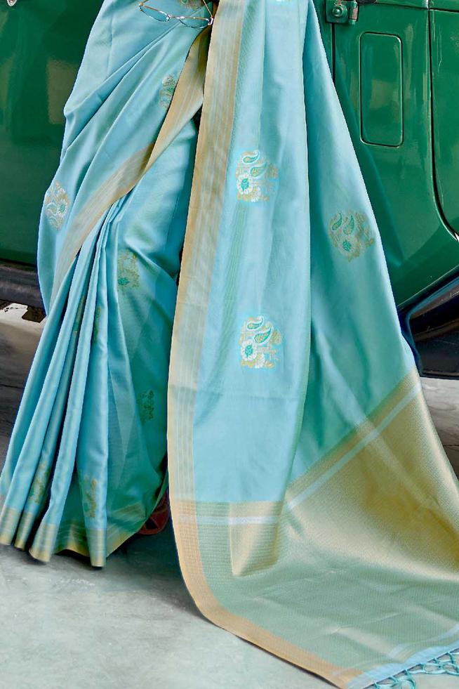 Buy MySilkLove Breaker Bay Blue Zari Woven Chanderi Banarasi Saree Online