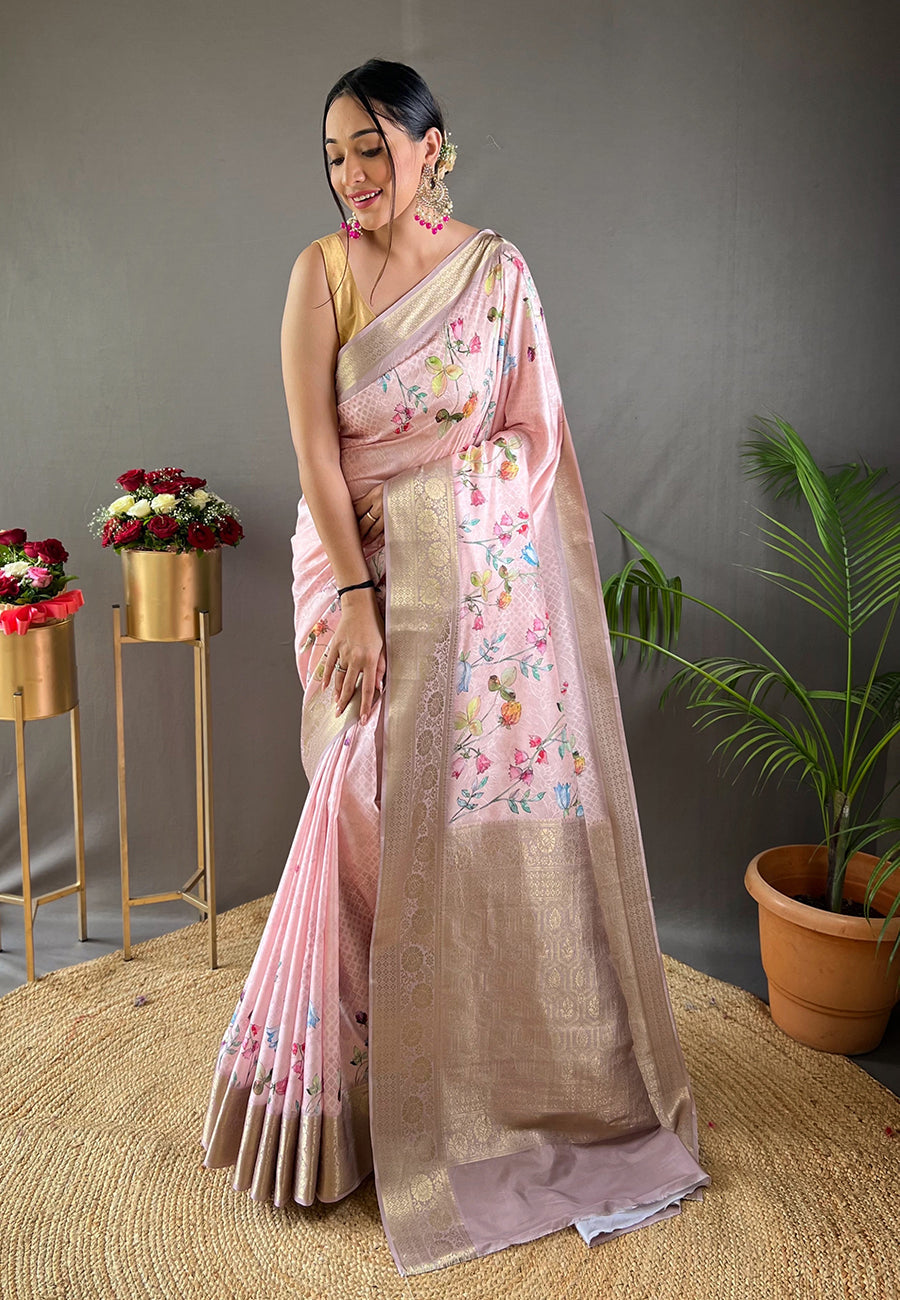 Buy MySilkLove Careys Pink Kalamkari Floral Printed Saree Online