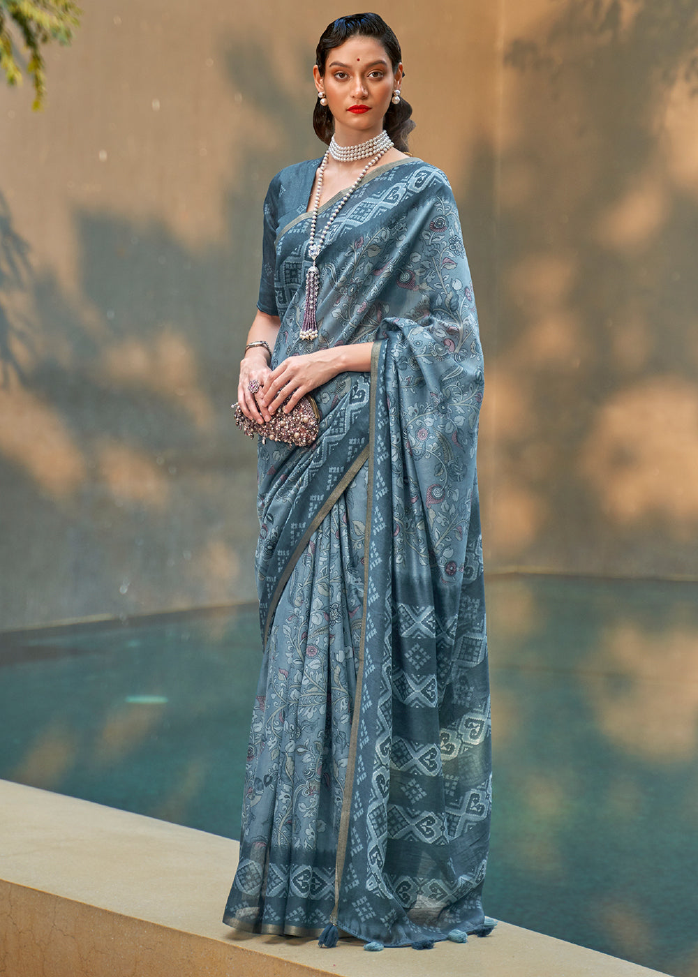 Buy MySilkLove Regent Blue Floral Printed Cotton Saree Online