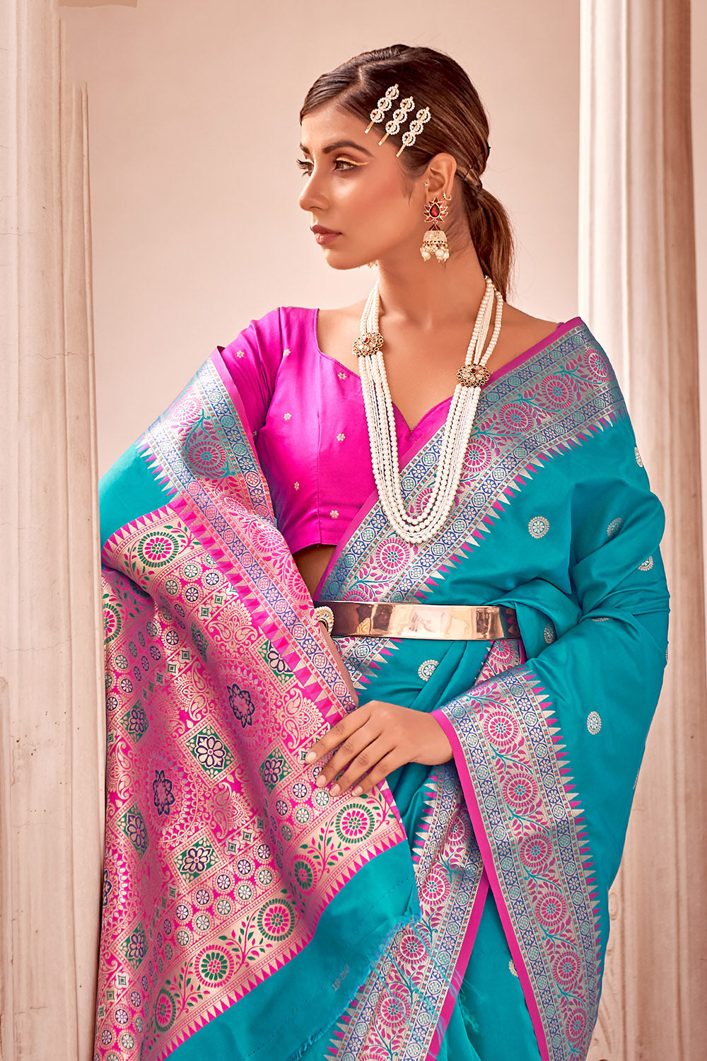 Buy MySilkLove Bondi Blue Zari Woven Banarasi Silk Saree Online