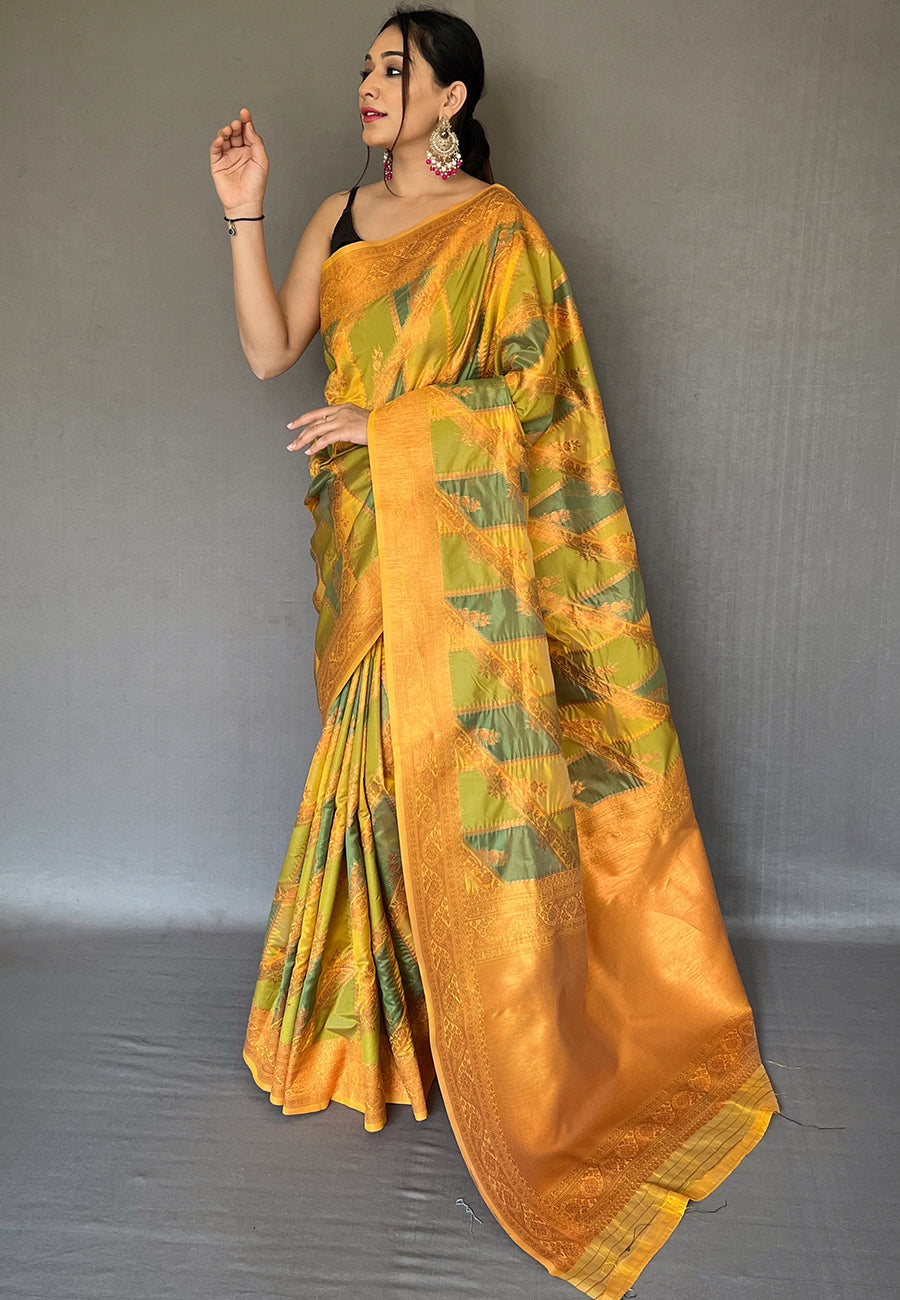 Buy MySilkLove Barley Corn Green and Yellow Copper Zari Woven Organza Saree Online