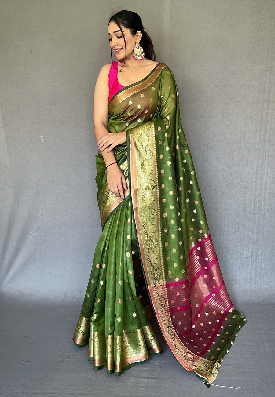 Buy MySilkLove Thatch Green Zari Woven Organza Silk Saree Online