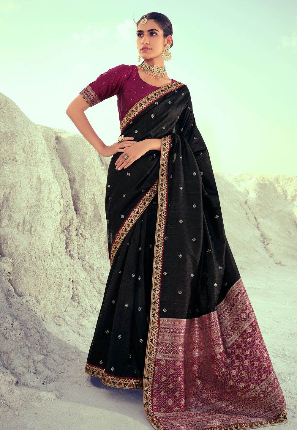 Buy MySilkLove Coral Black Woven Banarasi Saree Online