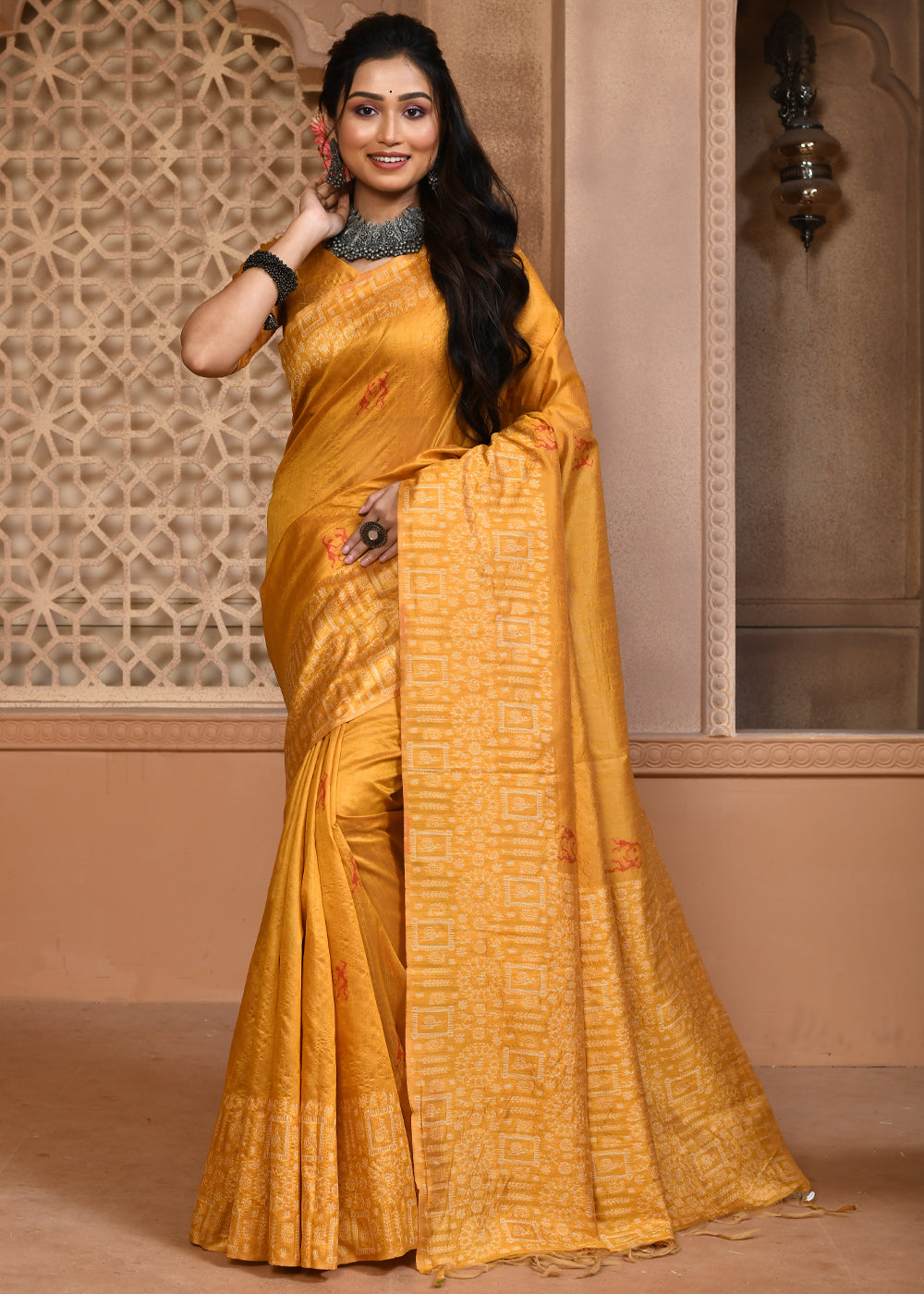 Buy MySilkLove Koromiko Yellow Woven Textured Cotton Silk Saree Online