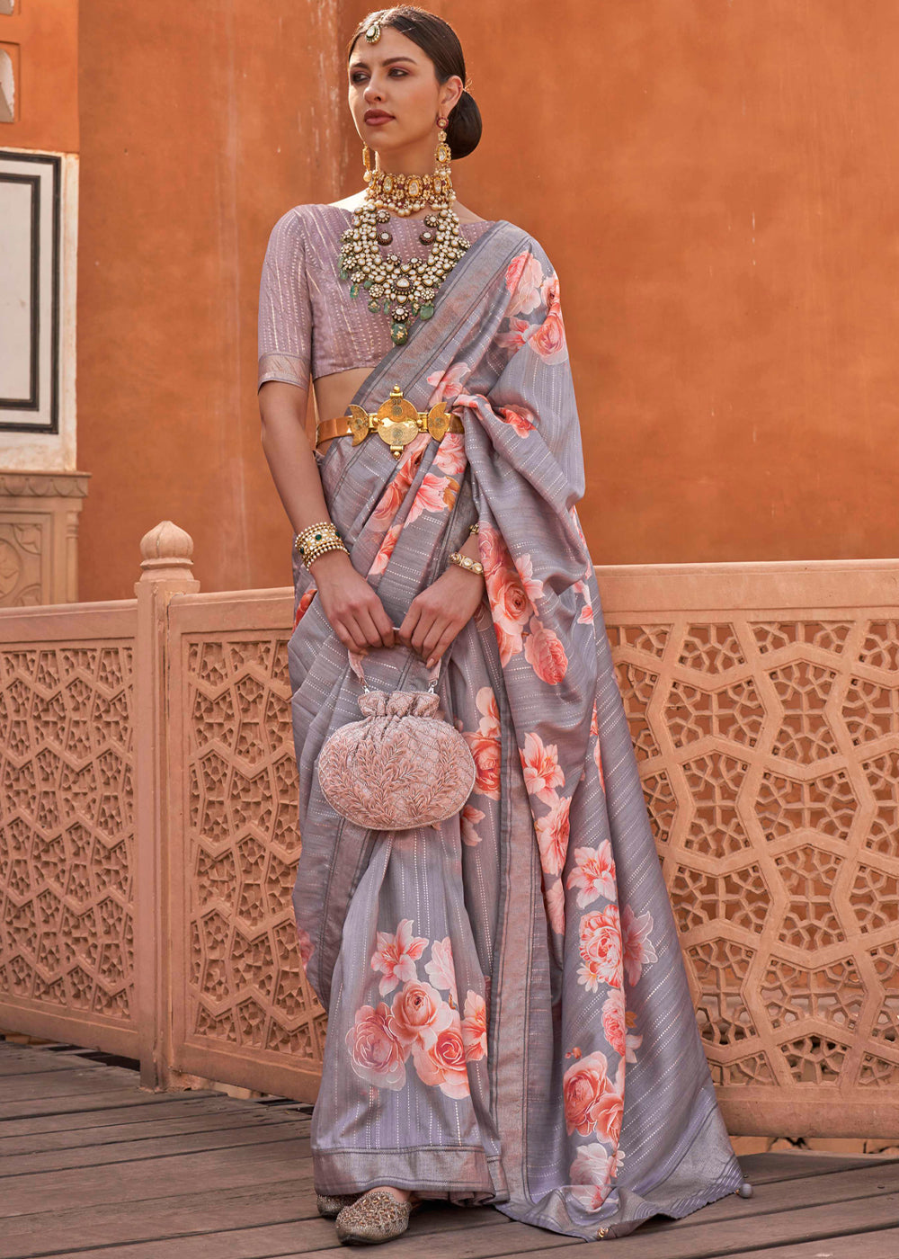 Buy MySilkLove Mine Grey Soft Floral Printed Silk Saree Online