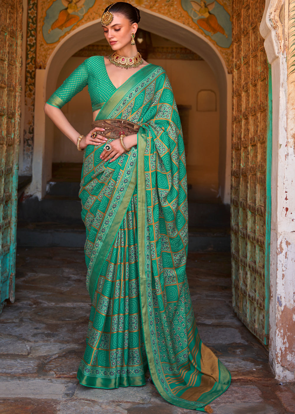 Buy MySilkLove Keppel Green Printed Soft Silk Saree Online