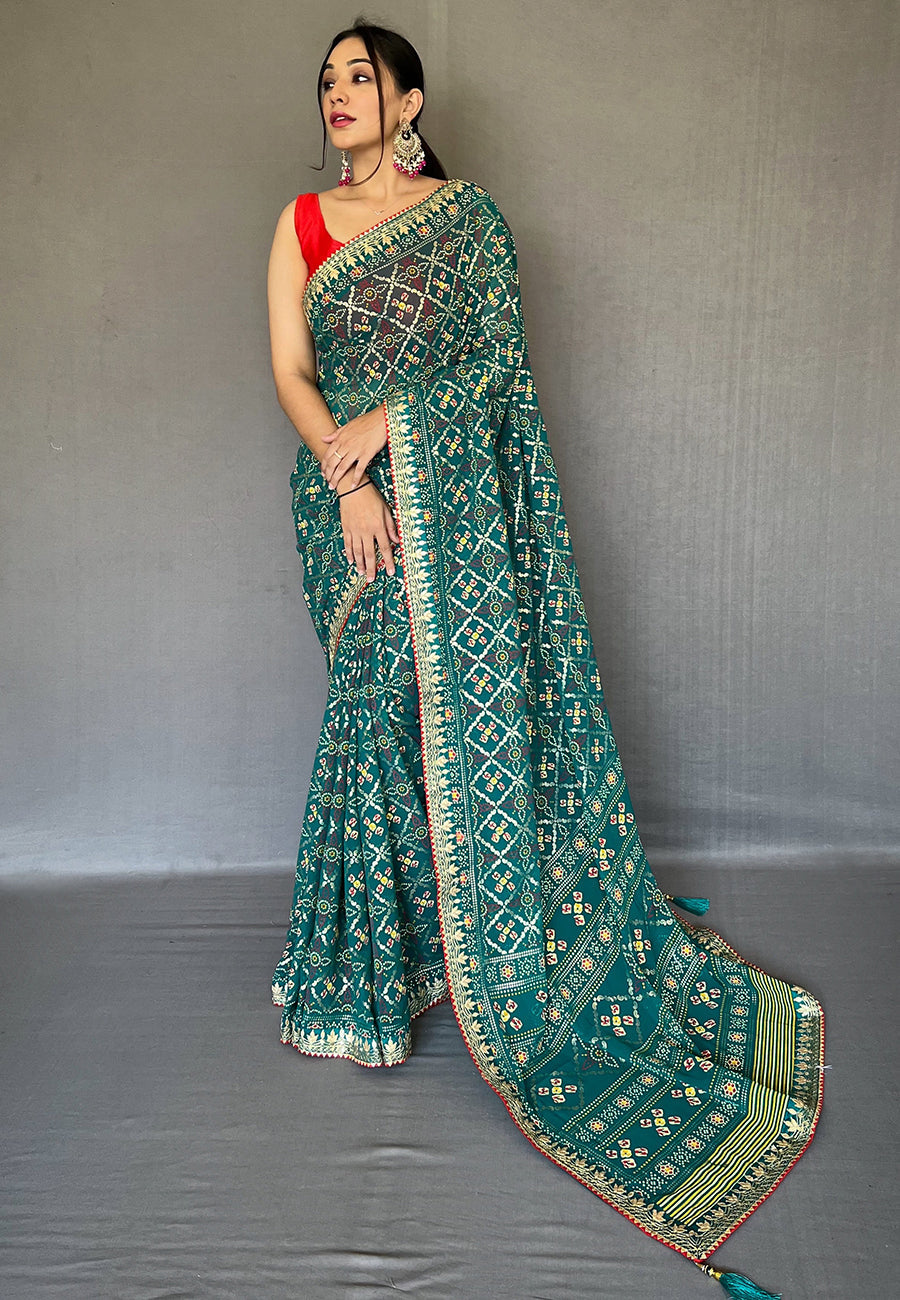 Buy MySilkLove Faded Jade Green Embroidered Georgette Bandhani Saree Online