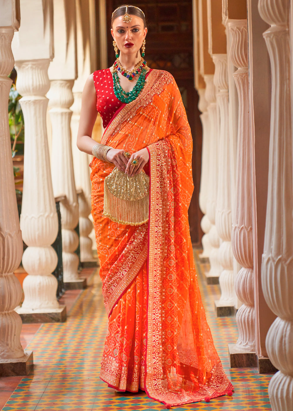 Buy MySilkLove Coral Orange Lehariya Georgette Silk Saree Online