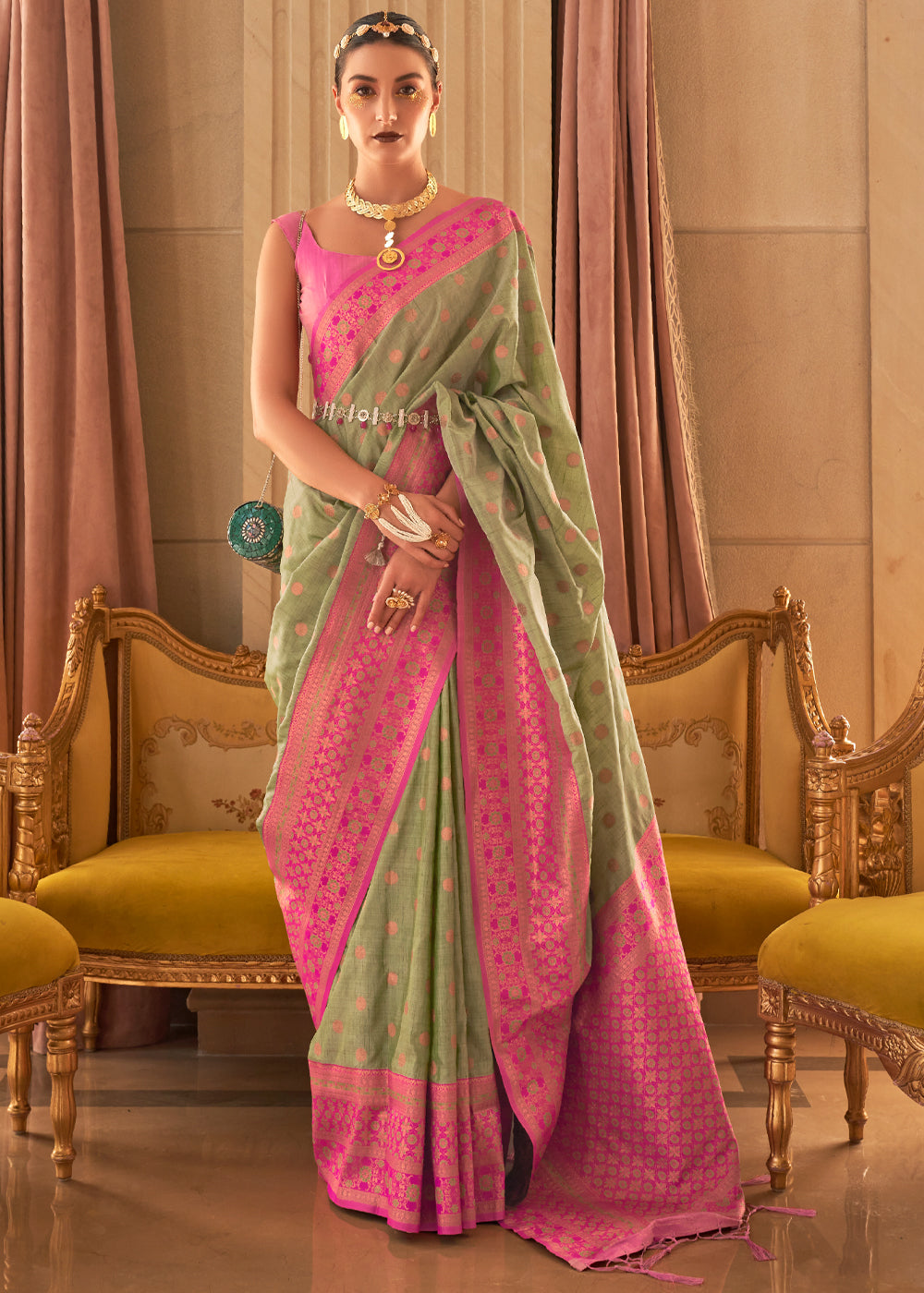 Buy MySilkLove Barley Corn and Pink Bronze Zari Woven Soft Silk Sarees Online