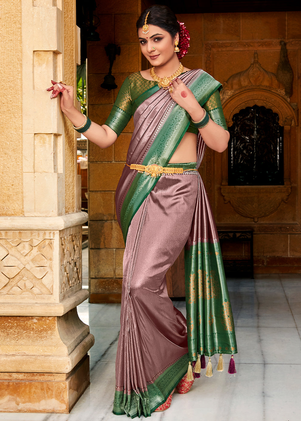 Buy MySilkLove Eunry Purple and Green Zari Woven Kanjivaram Saree Online