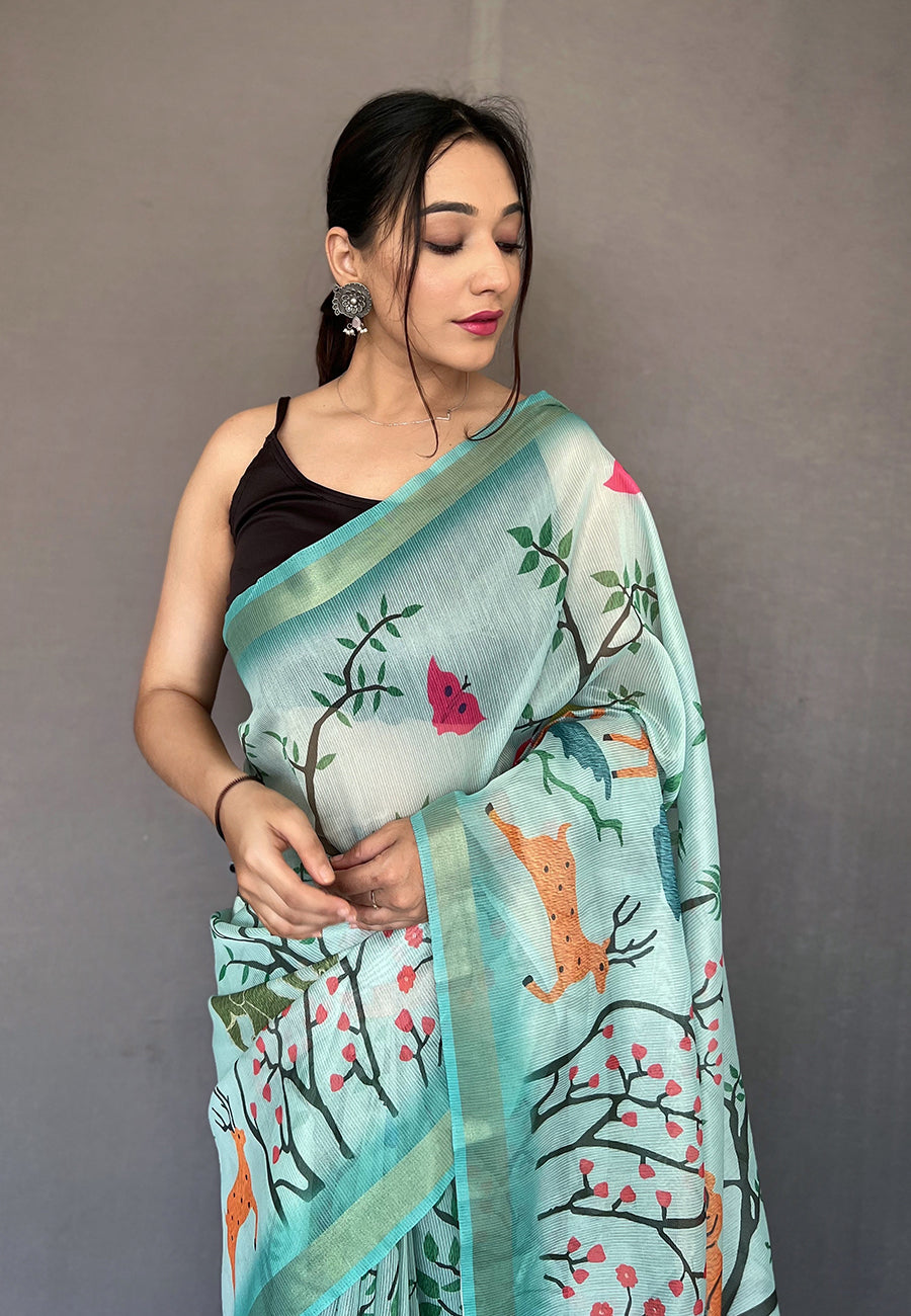 Buy MySilkLove Powder Ash Blue Tissue Printed Kalamkari Silk Saree Online