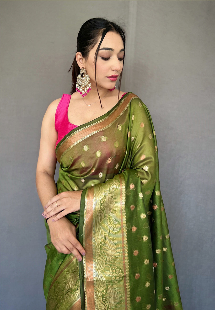 MySilkLove Thatch Green Zari Woven Organza Silk Saree