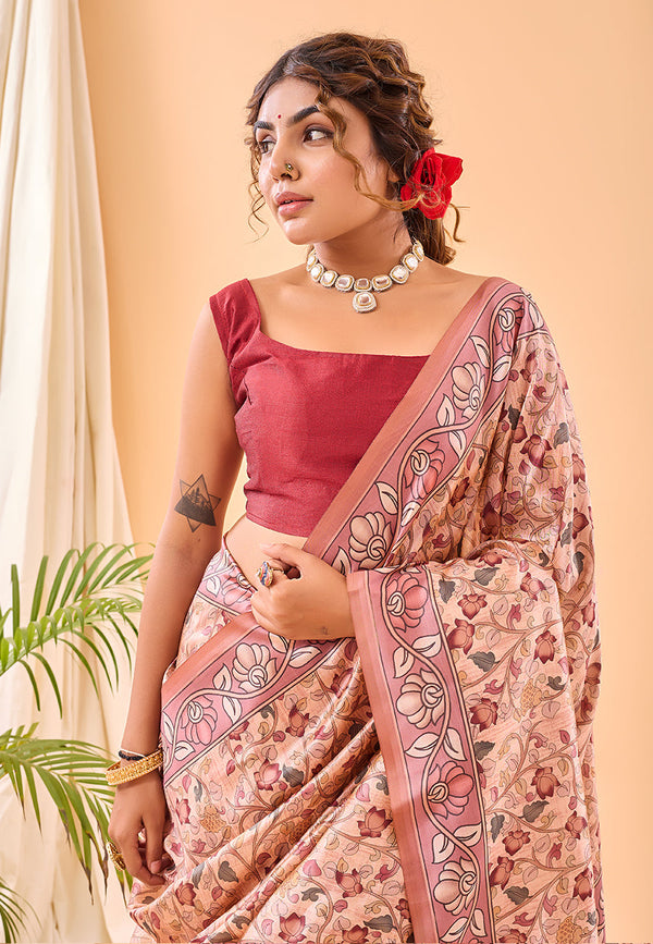 Blossom Pink Floral Kalamkari Printed Saree