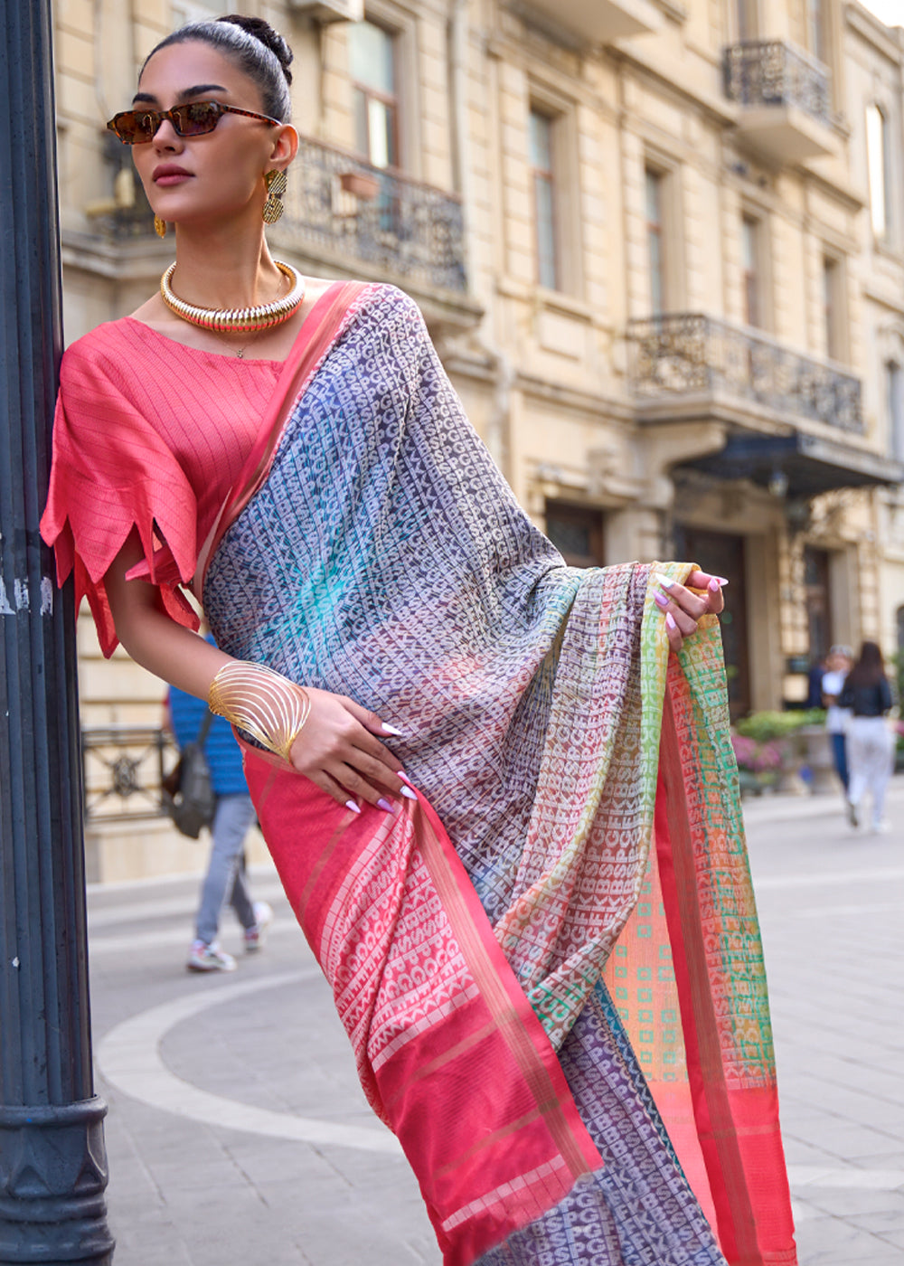 Buy MySilkLove Trout Grey and Pink Printed Handloom Weaving Saree Online