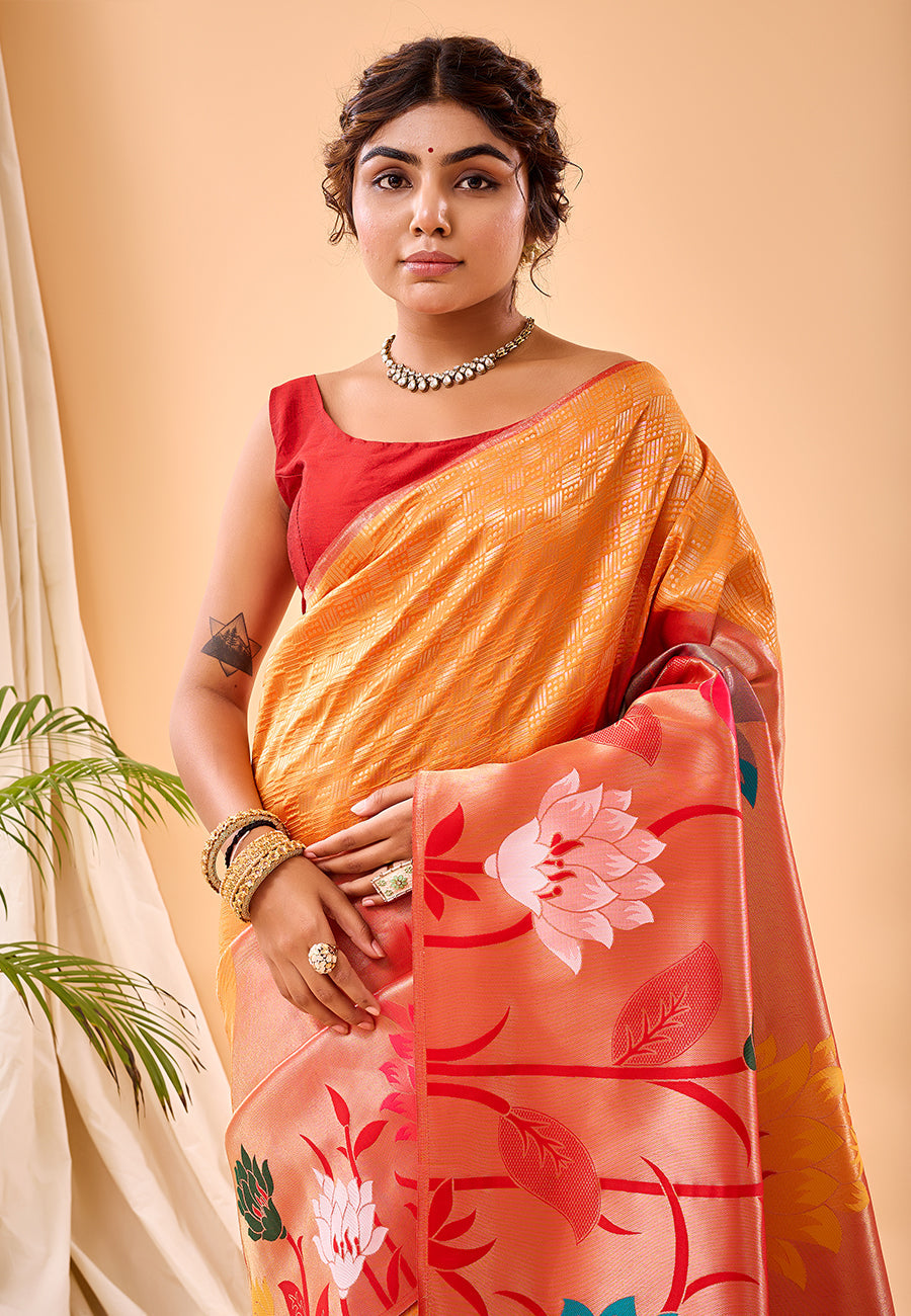 MySilkLove Neon Carrot Orange Fulrani Woven Paithani Saree