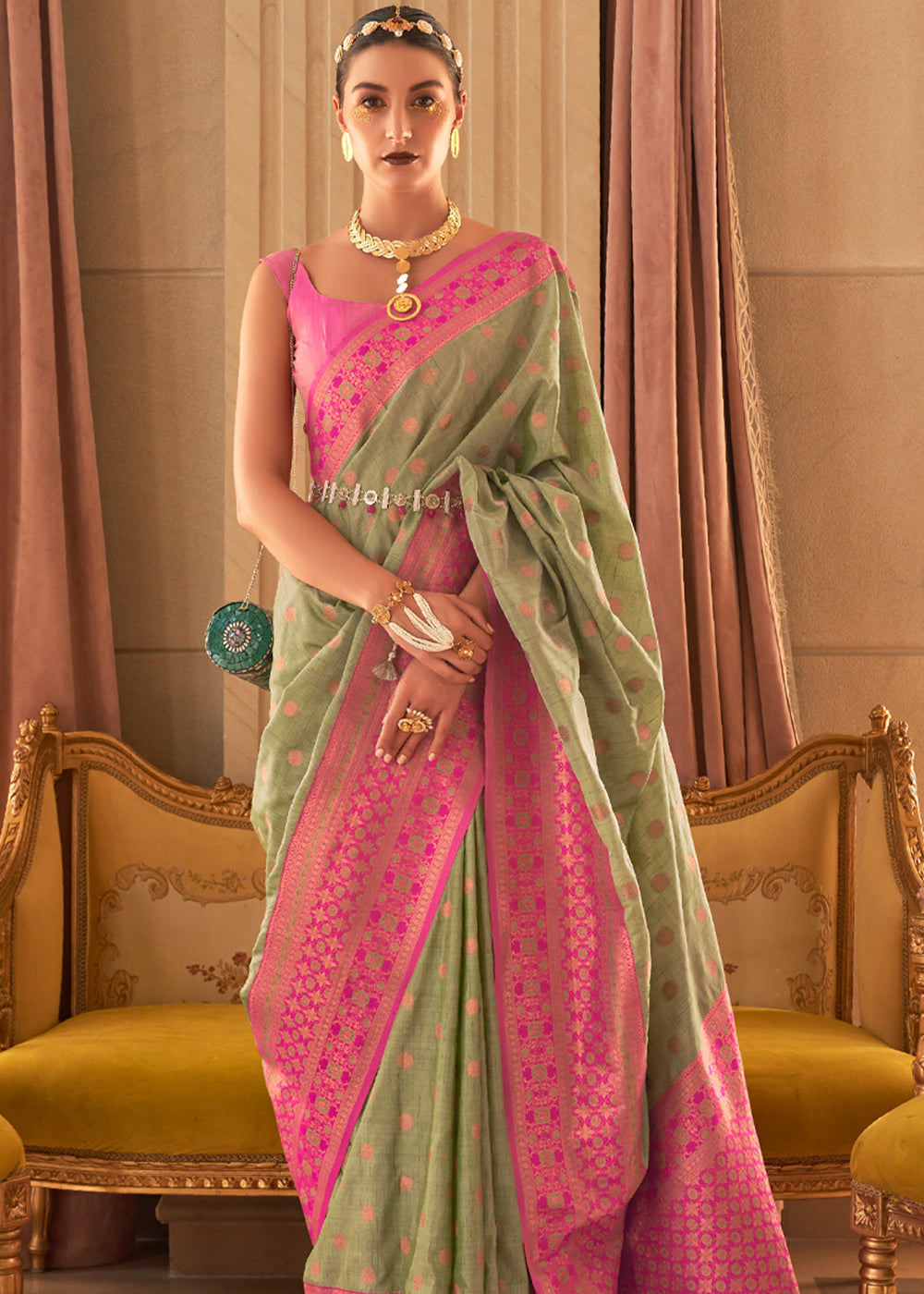 Buy MySilkLove Barley Corn and Pink Bronze Zari Woven Soft Silk Sarees Online