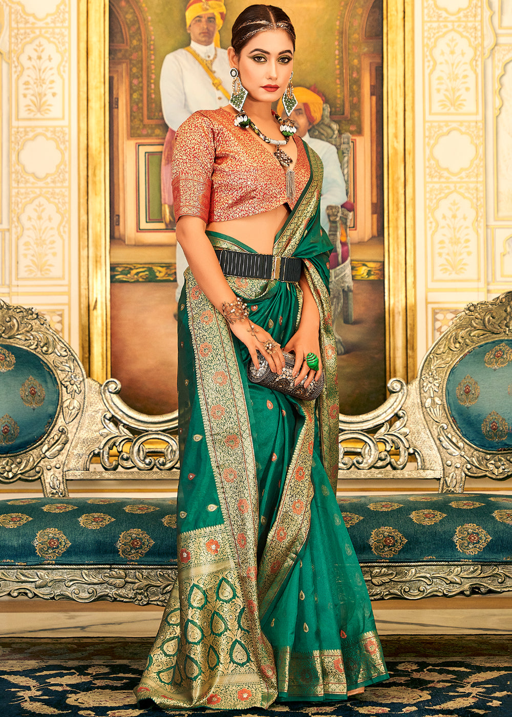 Buy MySilkLove Chateau Green Woven Banarasi Organza Silk Saree Online