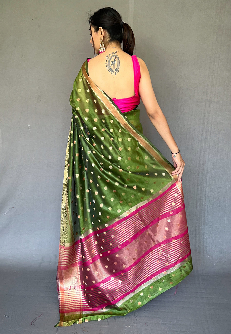 Buy MySilkLove Thatch Green Zari Woven Organza Silk Saree Online