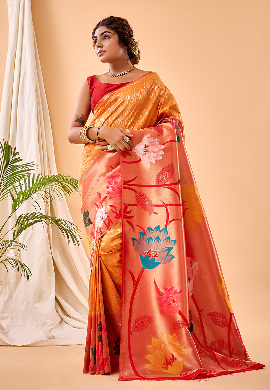 Buy MySilkLove Neon Carrot Orange Fulrani Woven Paithani Saree Online