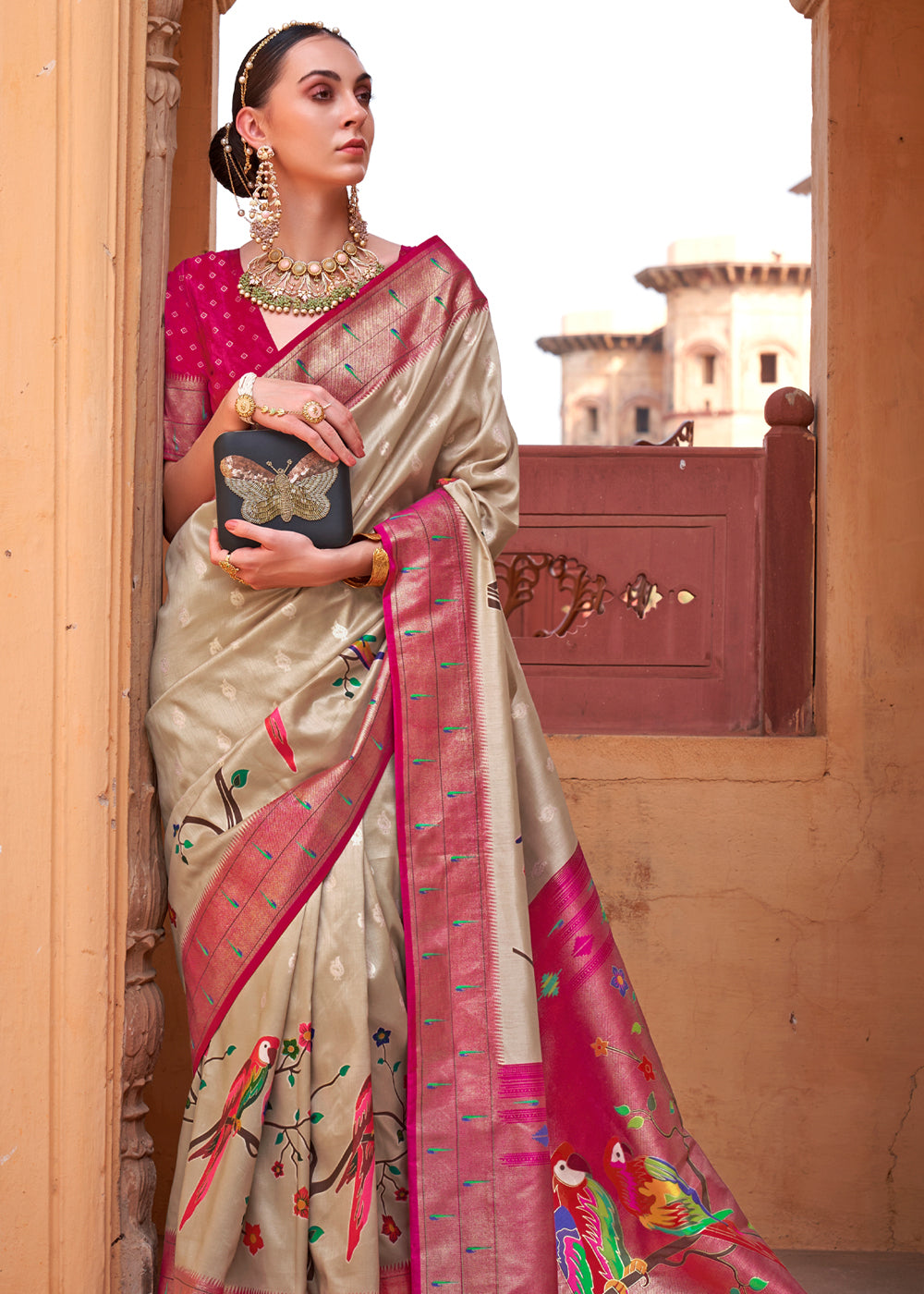 Buy MySilkLove Cameo Cream and Pink Woven Paithani Silk Saree Online