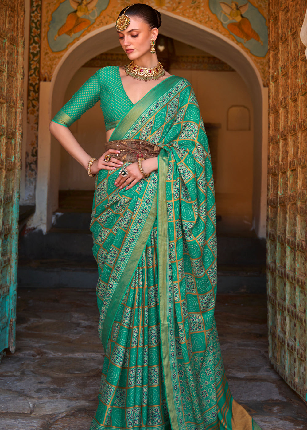 Buy MySilkLove Keppel Green Printed Soft Silk Saree Online