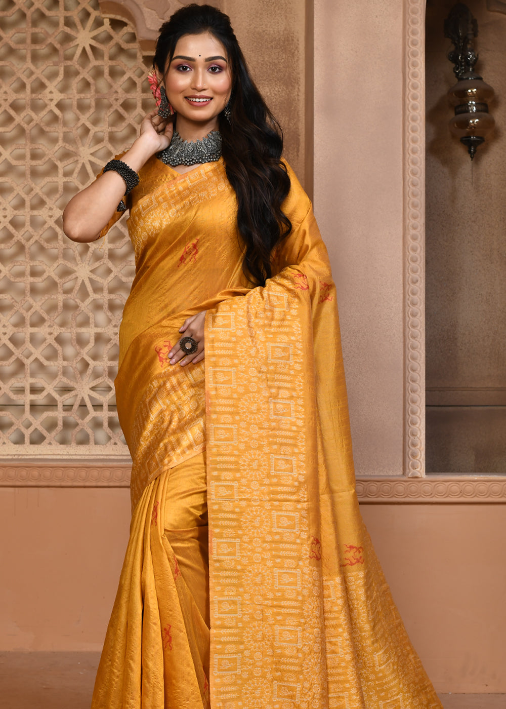 Buy MySilkLove Koromiko Yellow Woven Textured Cotton Silk Saree Online