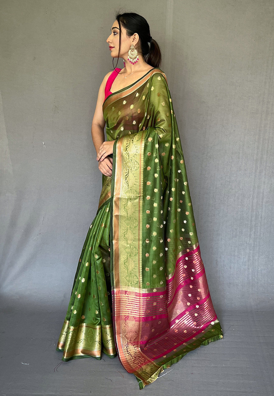 Buy MySilkLove Thatch Green Zari Woven Organza Silk Saree Online