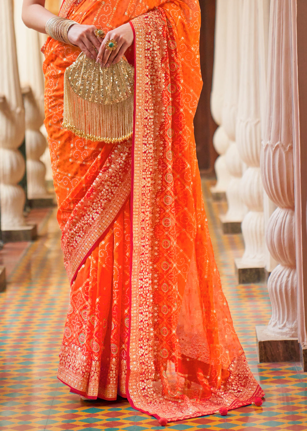 Buy MySilkLove Coral Orange Lehariya Georgette Silk Saree Online