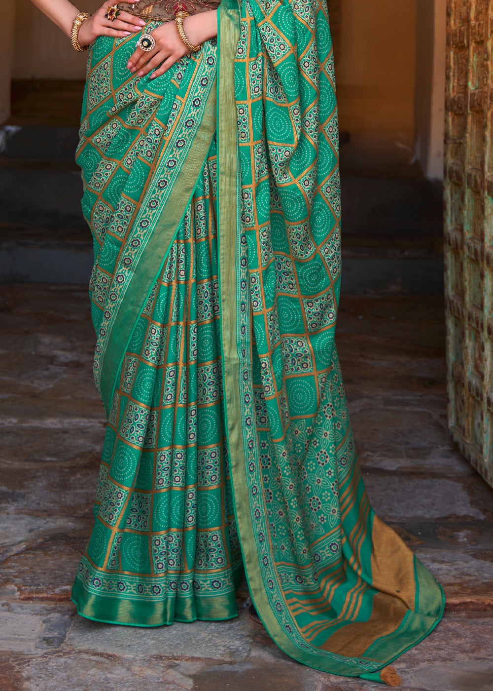 Buy MySilkLove Keppel Green Printed Soft Silk Saree Online