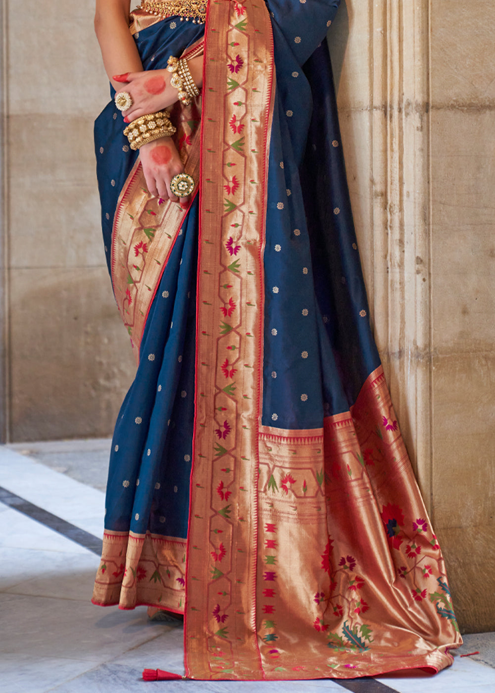 Buy MySilkLove Big Stone Blue Woven Paithani Silk Saree Online