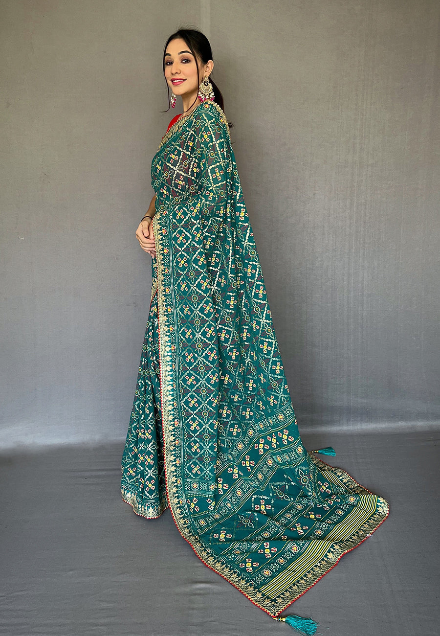 Buy MySilkLove Faded Jade Green Embroidered Georgette Bandhani Saree Online