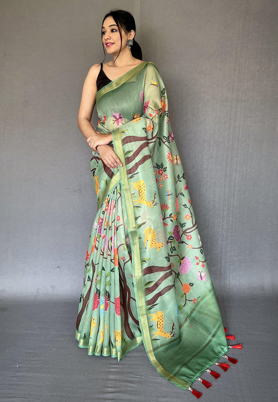 Buy MySilkLove Beryl Green Tissue Printed Kalamkari Silk Saree Online