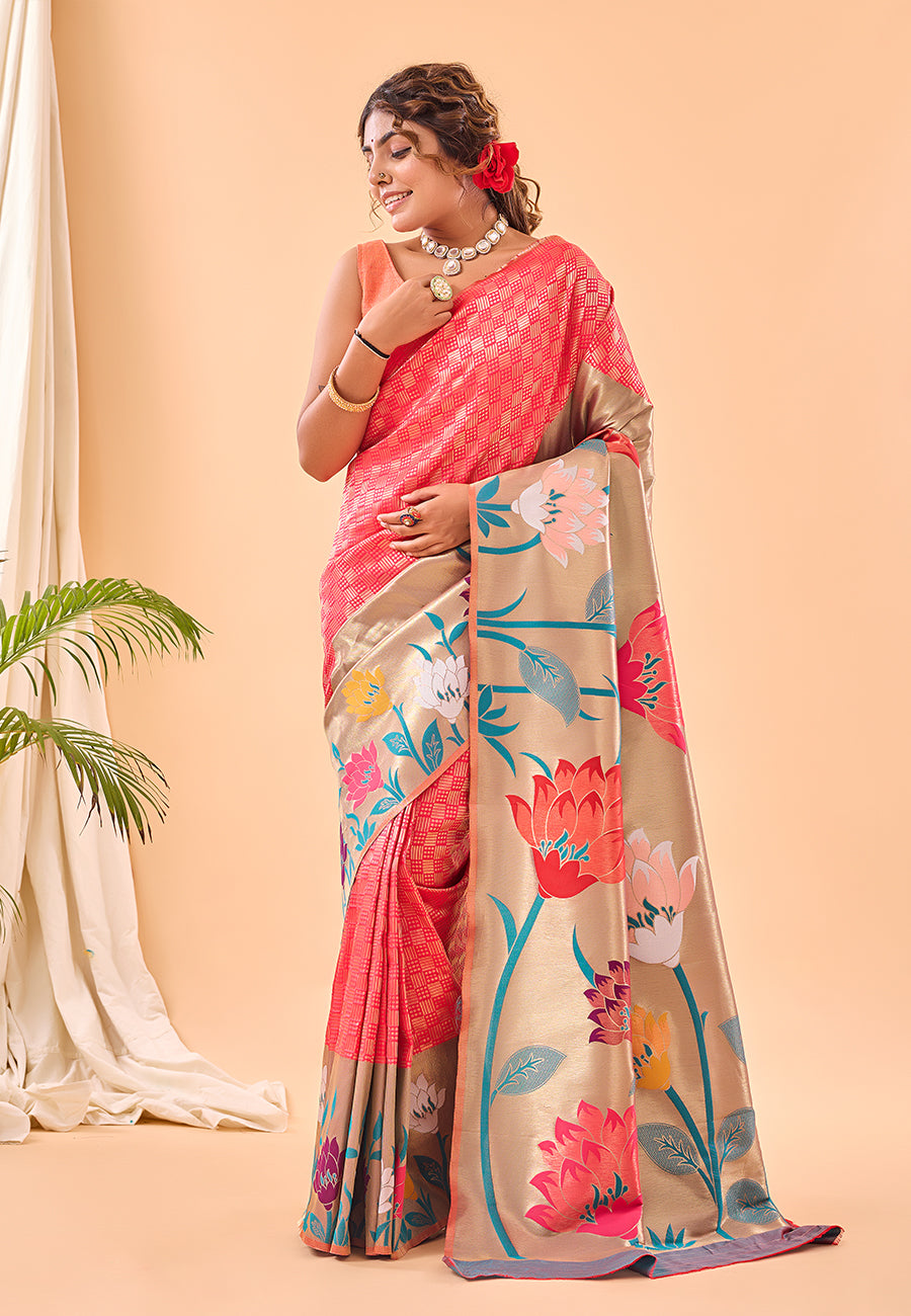 Buy MySilkLove Salmon Pearl Pink Fulrani Woven Paithani Saree Online