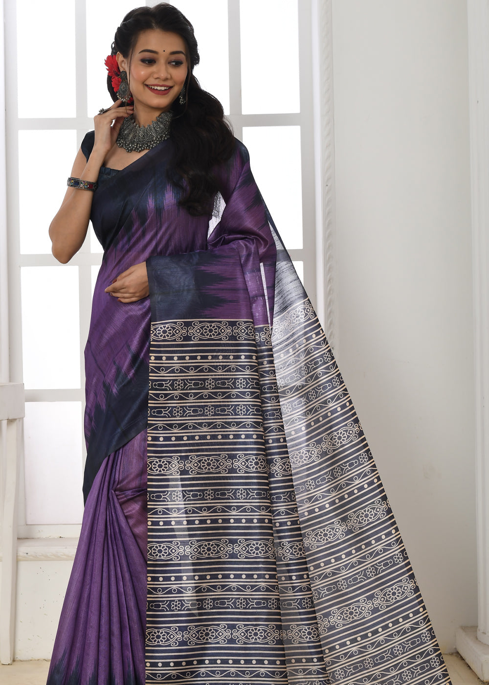 Buy MySilkLove Voodoo Purple Woven Tussar Ikkat Silk Saree Online