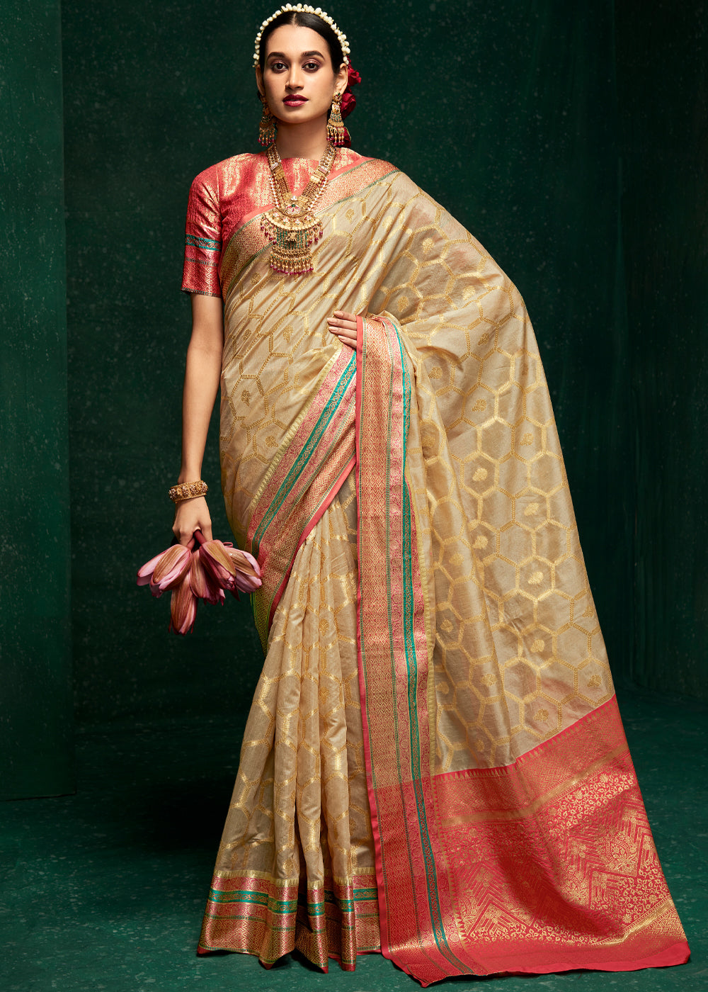 Buy MySilkLove Pavlova Cream Woven Banarasi Silk Saree Online